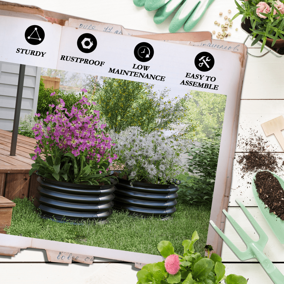 Set of 2 Raised Garden Bed Planter Boxes - Metal, Grey, Safety Edging - plants - express.com