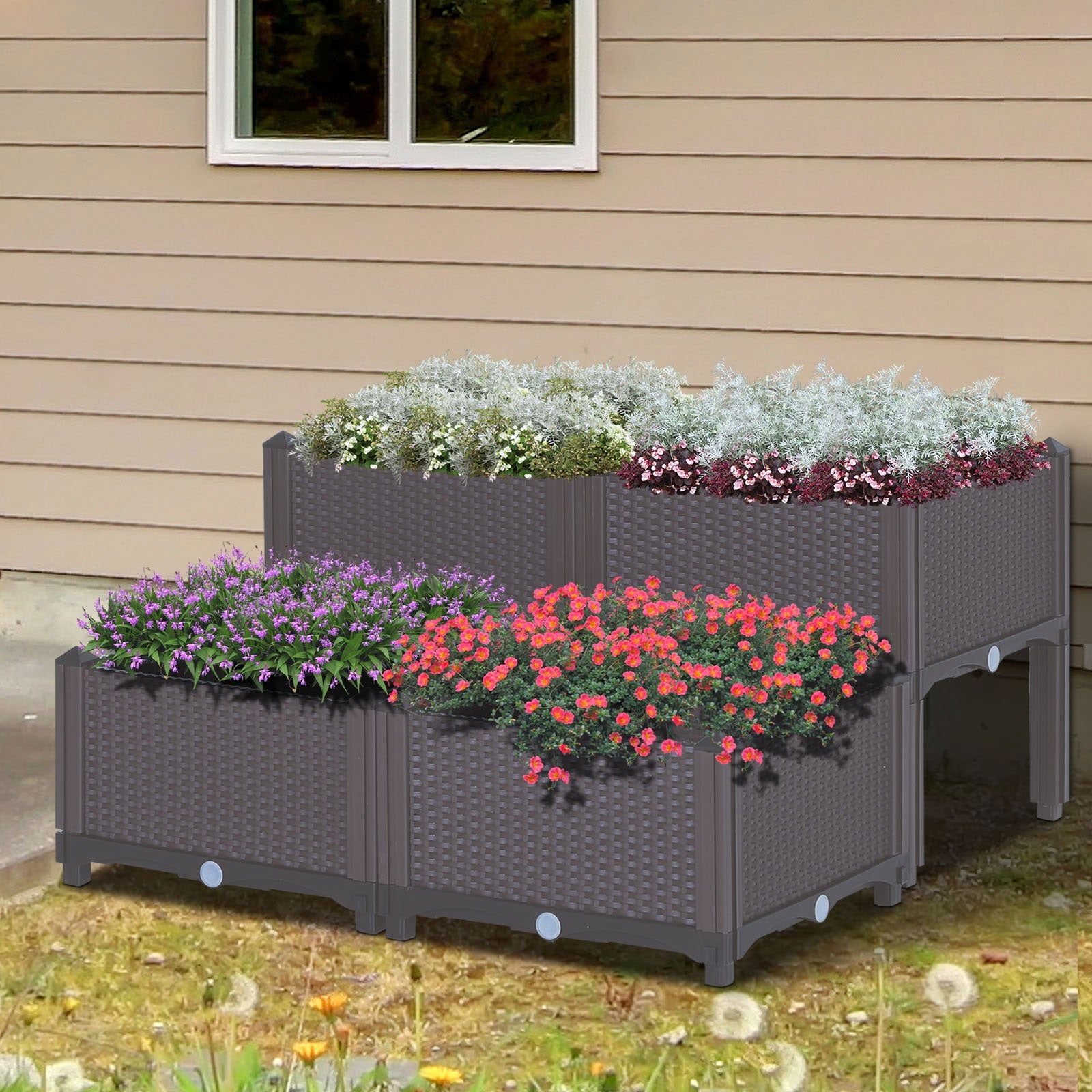 Set of 4 Raised Outdoor Garden Planter Boxes - PP, Brown & Grey - plants - express.com