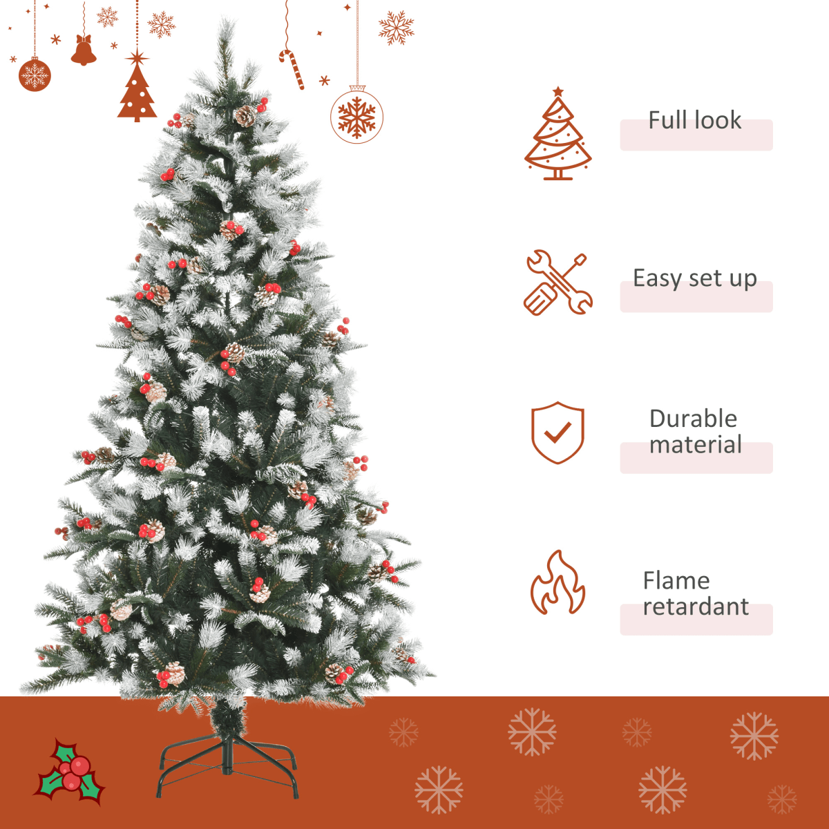Snowy Elegance: 6FT Foldable Artificial Christmas Tree with Berries & Pinecones - plants - express.com