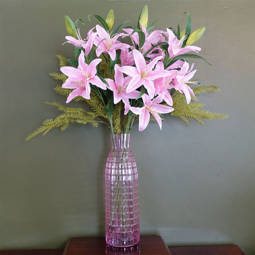 Stunning 100cm Pink Lily & Fern Floral Arrangement in Elegant Glass Vase - plants - express.com