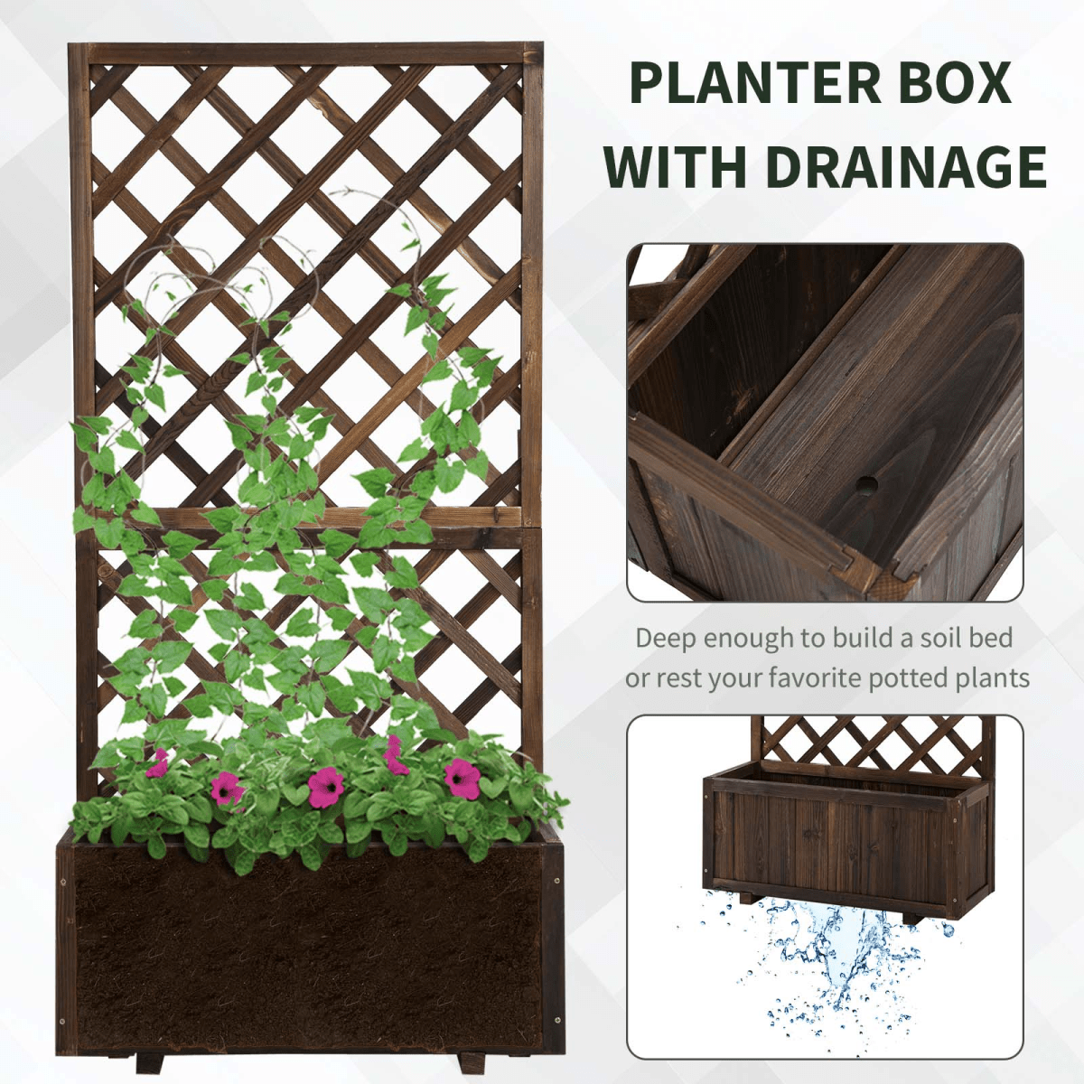 Stylish Wooden Pine Trough Planter with Climbing Trellis for Vibrant Gardens - plants - express.com