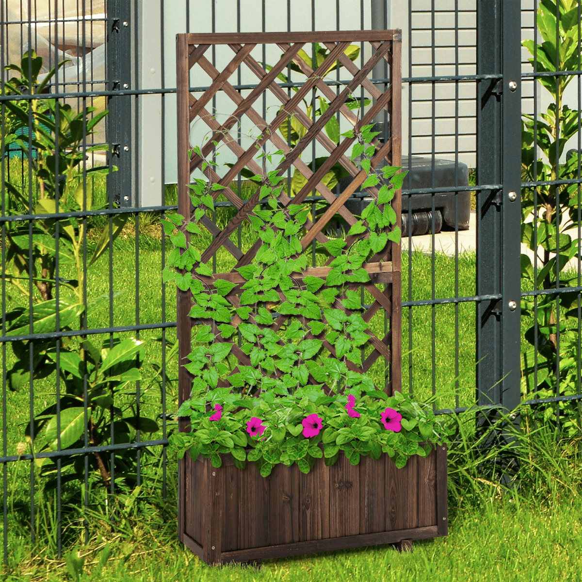 Stylish Wooden Pine Trough Planter with Climbing Trellis for Vibrant Gardens - plants - express.com