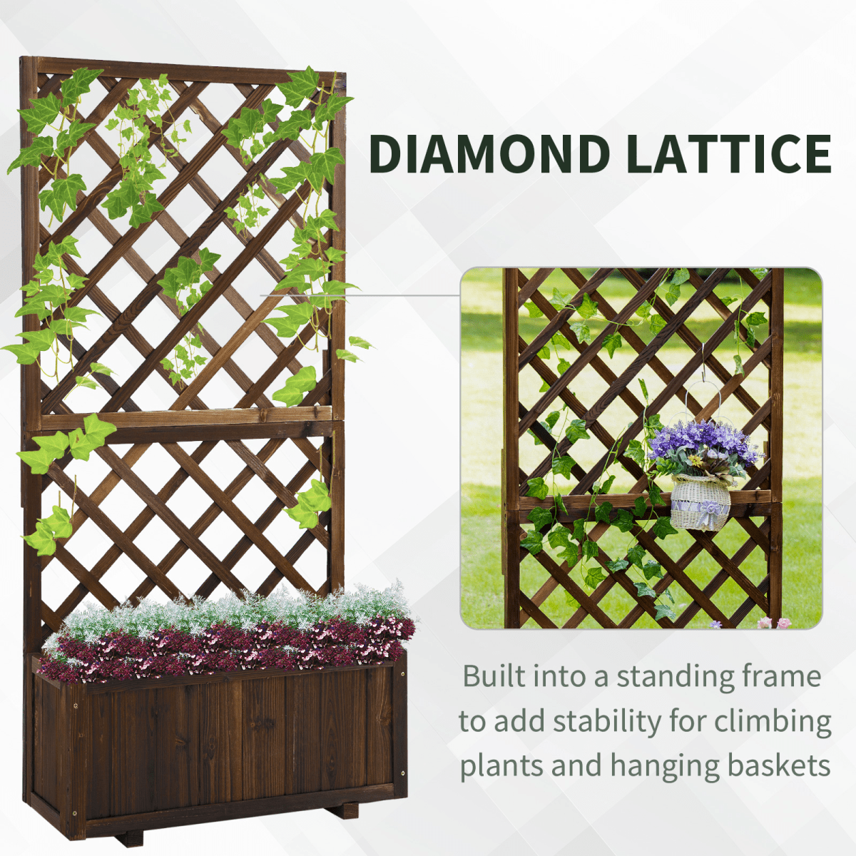 Stylish Wooden Pine Trough Planter with Climbing Trellis for Vibrant Gardens - plants - express.com
