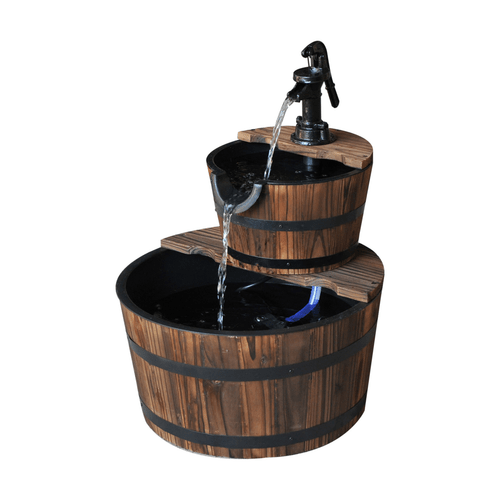Tranquil 2 - Tier Wooden Water Pump Fountain - Fir Wood & Steel Elegance - plants - express.com