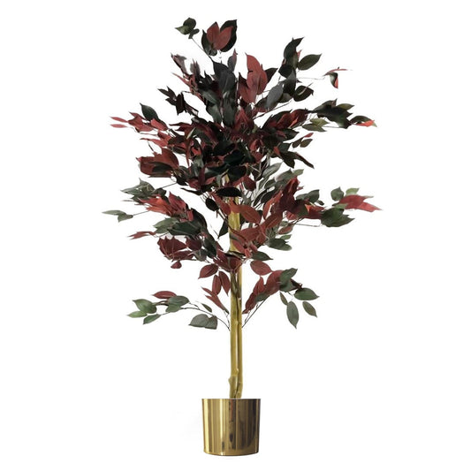 Vibrant 4ft Artificial Ficus Tree in Gold Planter - Lifelike Red & Green Foliage - plants - express.com