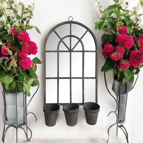 Vintage 78CM Rusty Wall Mirror with Triple Planter Holders & Pots - plants - express.com