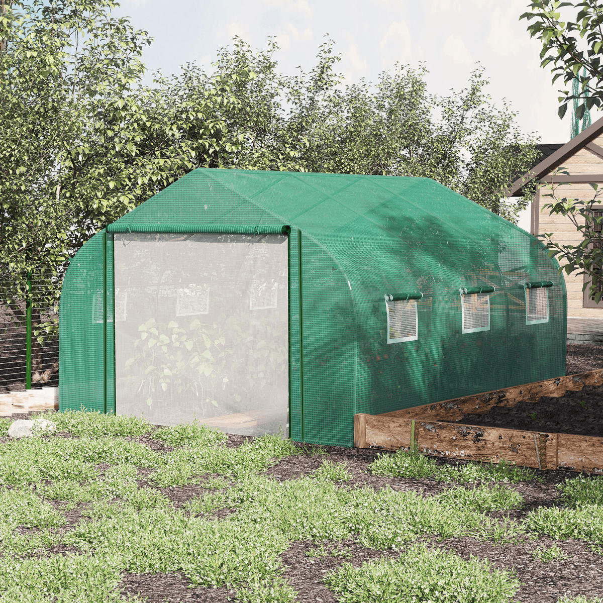 Walk - in Garden Greenhouse Zippered Roll Up Door & 6 Windows, 3.5 x 3 x 2m, Green - plants - express.com