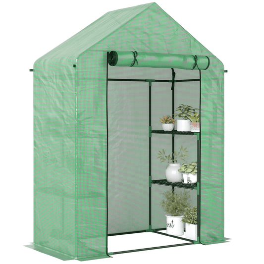 WalkIn Greenhouse 2 Tier Shelf, Roll - Up Door, PE Cover, 141x72x191cm, Green - plants - express.com