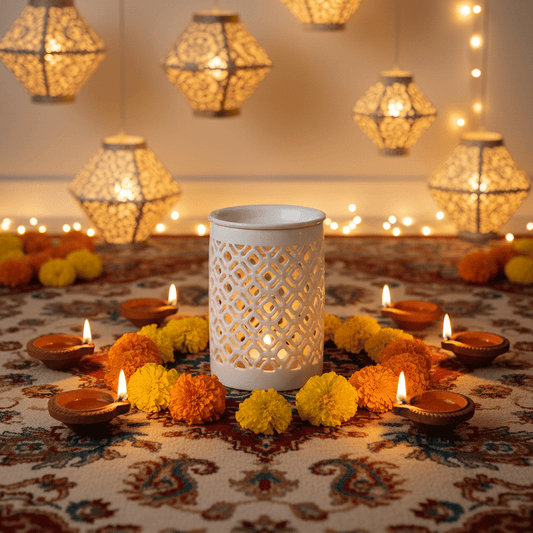 White Matte Lattice Cut Wax Burner - plants - express.com
