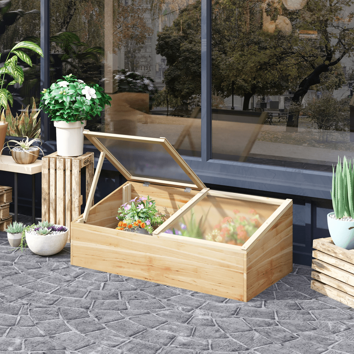Wooden Cold Frame Greenhouse Grow House, 100 x 50 x 36 cm, Natural - plants - express.com