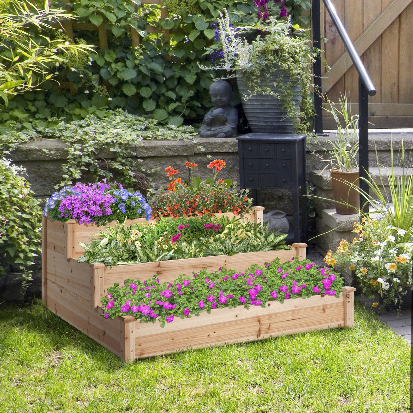 Wooden Raised Bed 3 - Tier Planter Kit Elevated Plant Box 124x124x56cm - plants - express.com