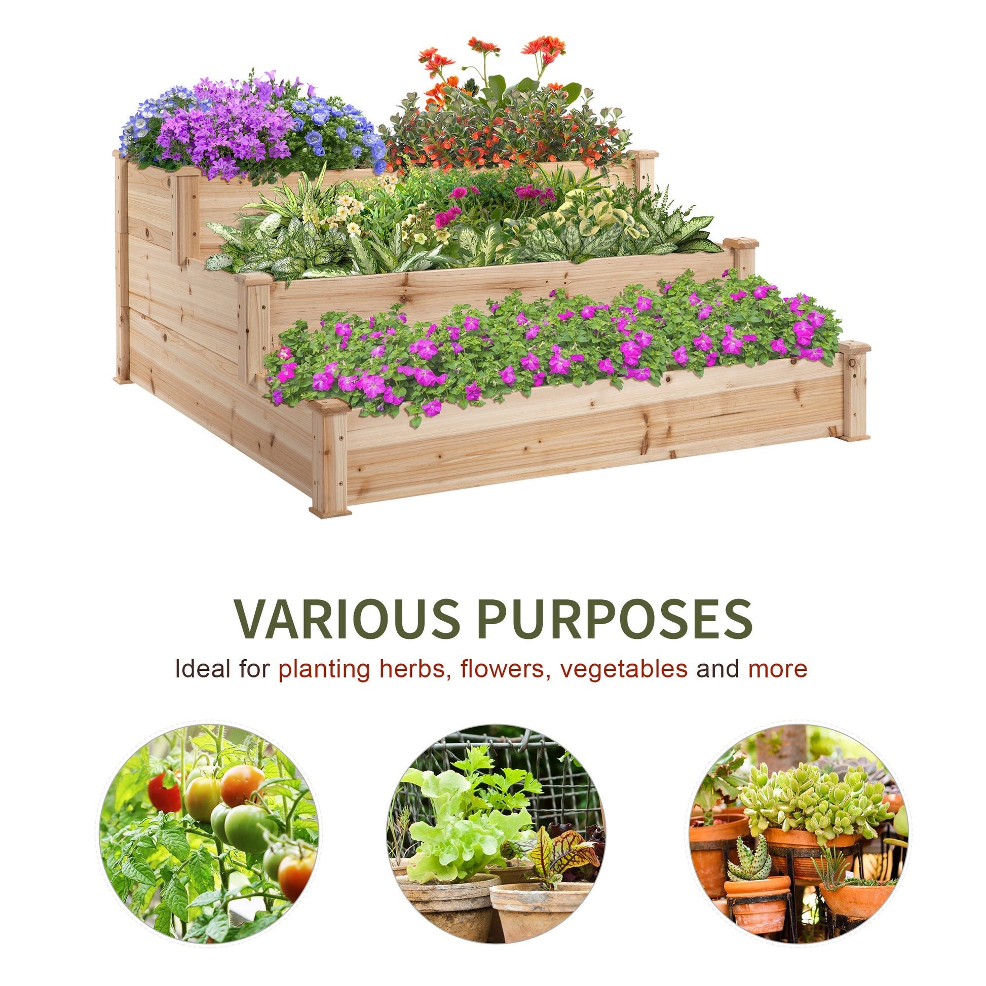 Wooden Raised Bed 3 - Tier Planter Kit Elevated Plant Box 124x124x56cm - plants - express.com