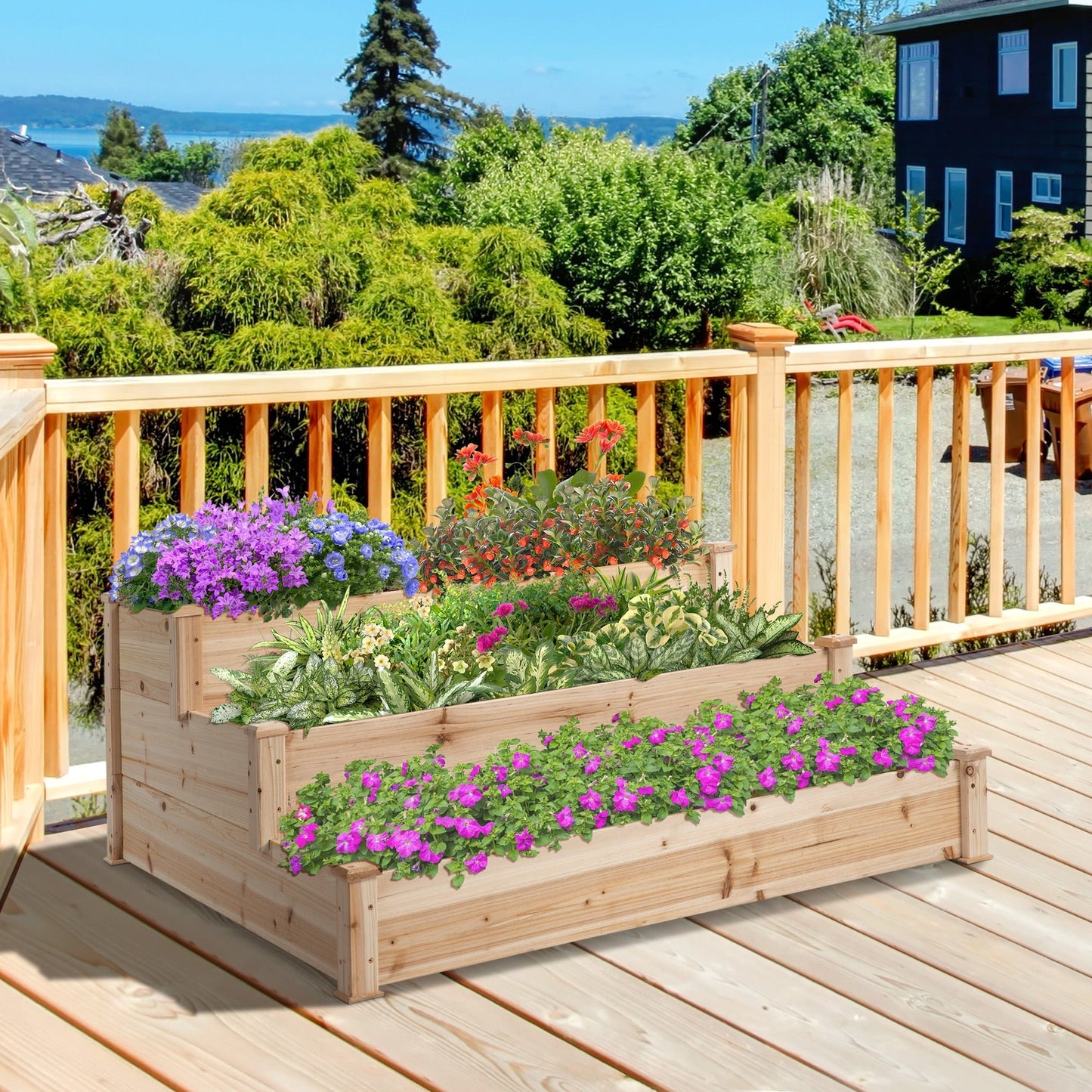 Wooden Raised Bed 3 - Tier Planter Kit Elevated Plant Box 124x124x56cm - plants - express.com